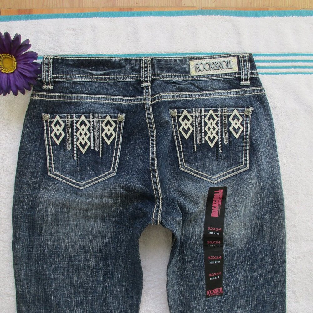 New ROCK & ROLL Cowgirl Jeans Size 32 X 34 Embellished Bootcut Denim - Picture 9 of 14